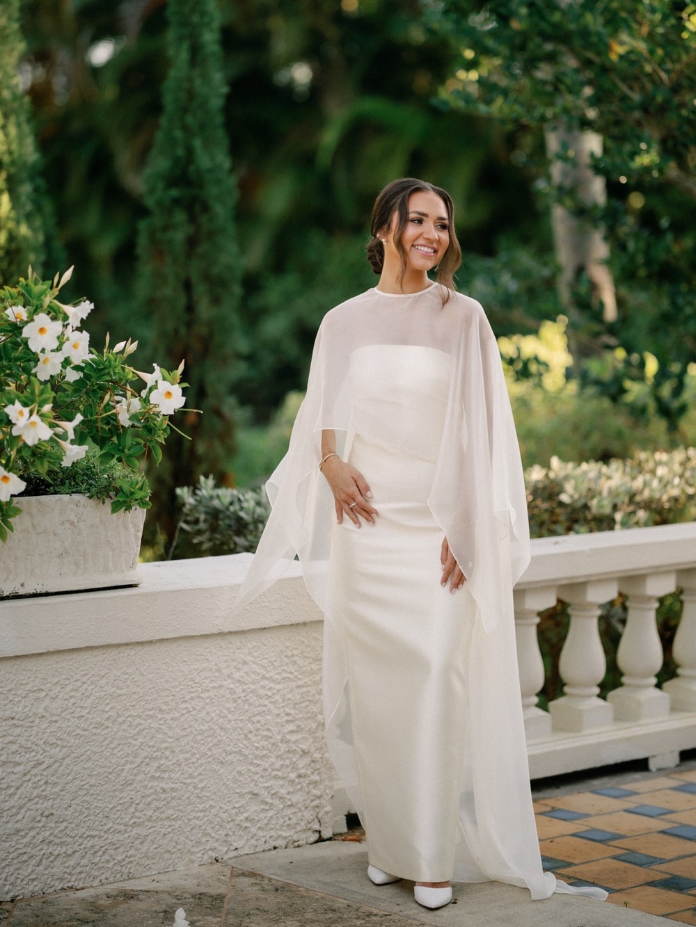 Huong Boutique Elegant White Bridal Column Dress with Sheer Cape
